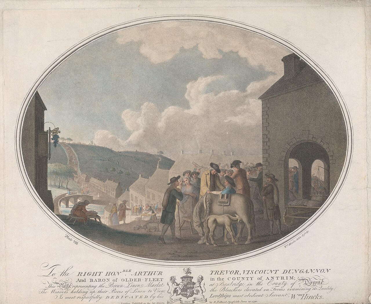 The Bleachers — Plate VIII: representing the Brown Linen Market at Banbridge, in the County of Downe, The Weavers holding up their Pieces of Linen to View, the Bleachers elevated on Forms examining its Quality title QS:P1476,en: