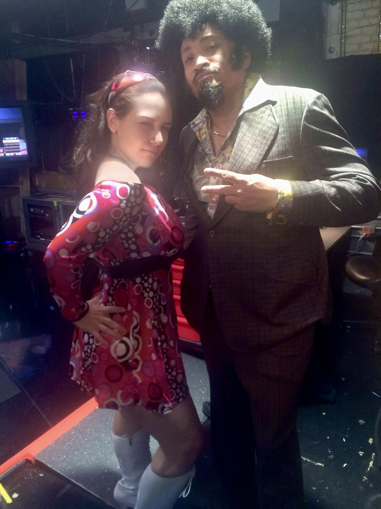 Late Night — Host Larry Wilmore and editor Aurora De Lucia backstage at the 1970's-themed 200th episode taping of The Nightly Show with Larry Wilmore